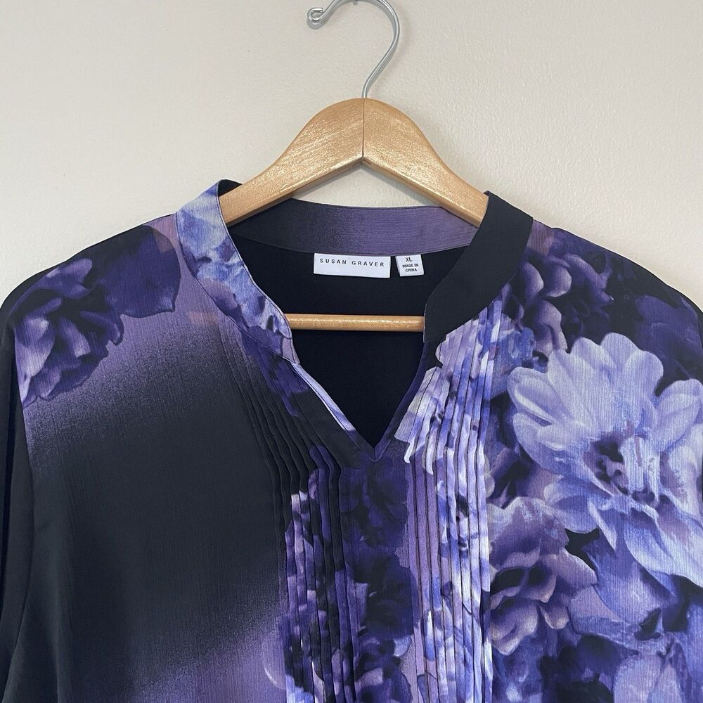 Susan Graver  Pintuck Sheer Popover Blouse XL Black Purple Floral Flowy Office - Picture 2 of 11